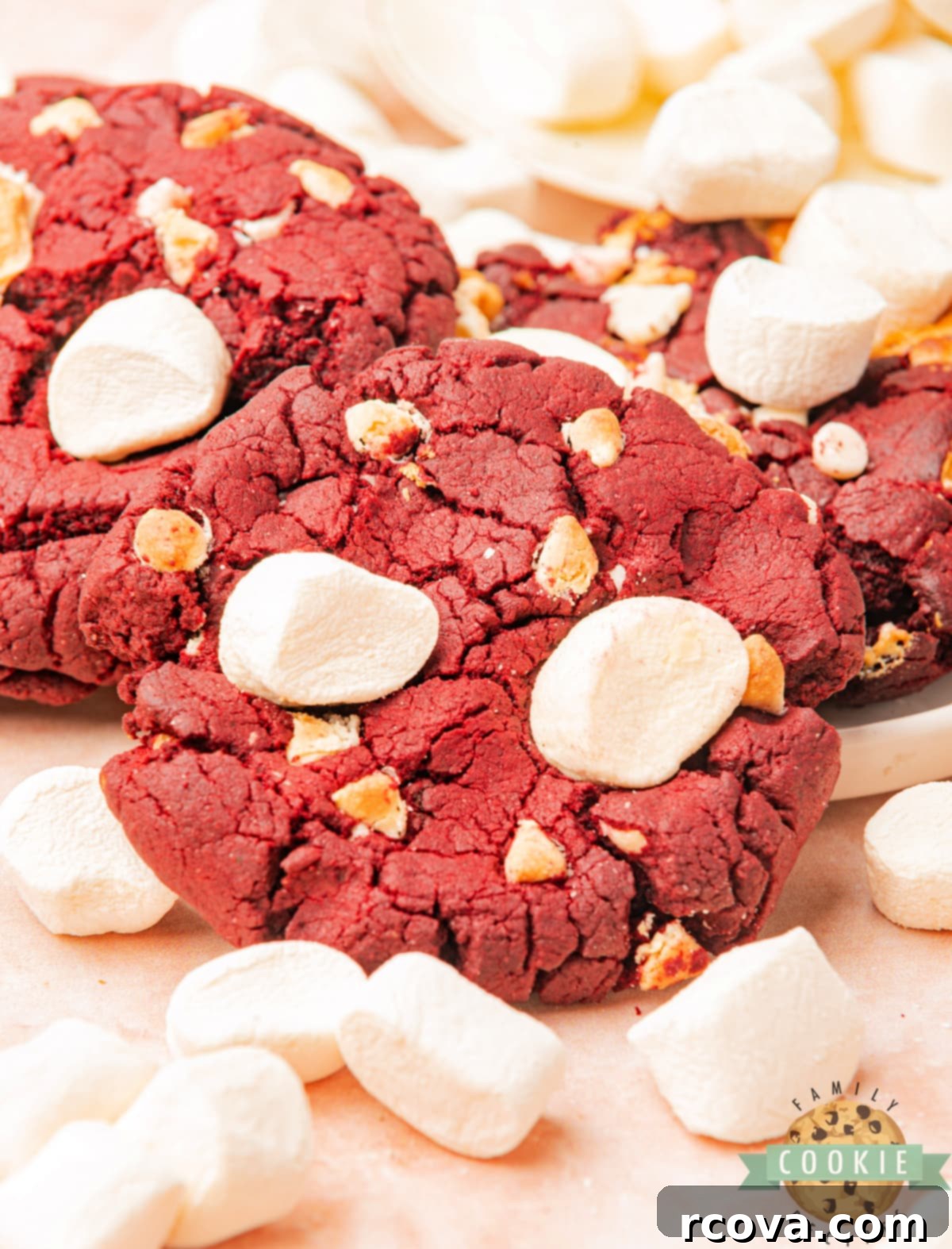 Crimson Cloud Cookies 8 Close-up view of a baked red velvet cookie, studded with melted white chocolate and soft, slightly browned marshmallows.