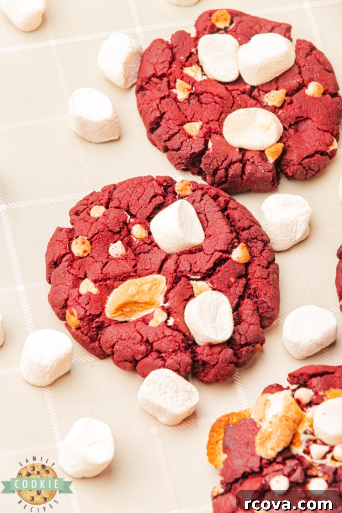 Crimson Cloud Cookies 9 A perfectly baked red velvet cookie, warm and inviting, with soft marshmallows and white chocolate chips.