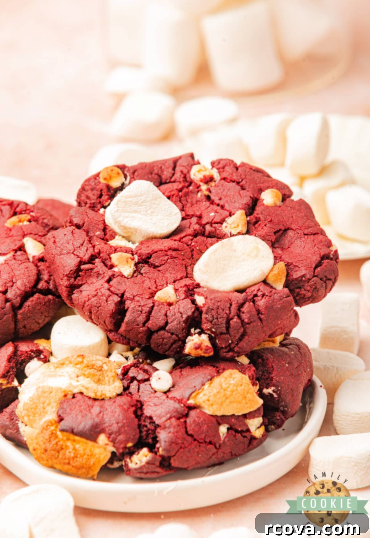Crimson Cloud Cookies 10 A close-up of a fresh Red Velvet Marshmallow Cookie, highlighting its soft interior and gooey texture.