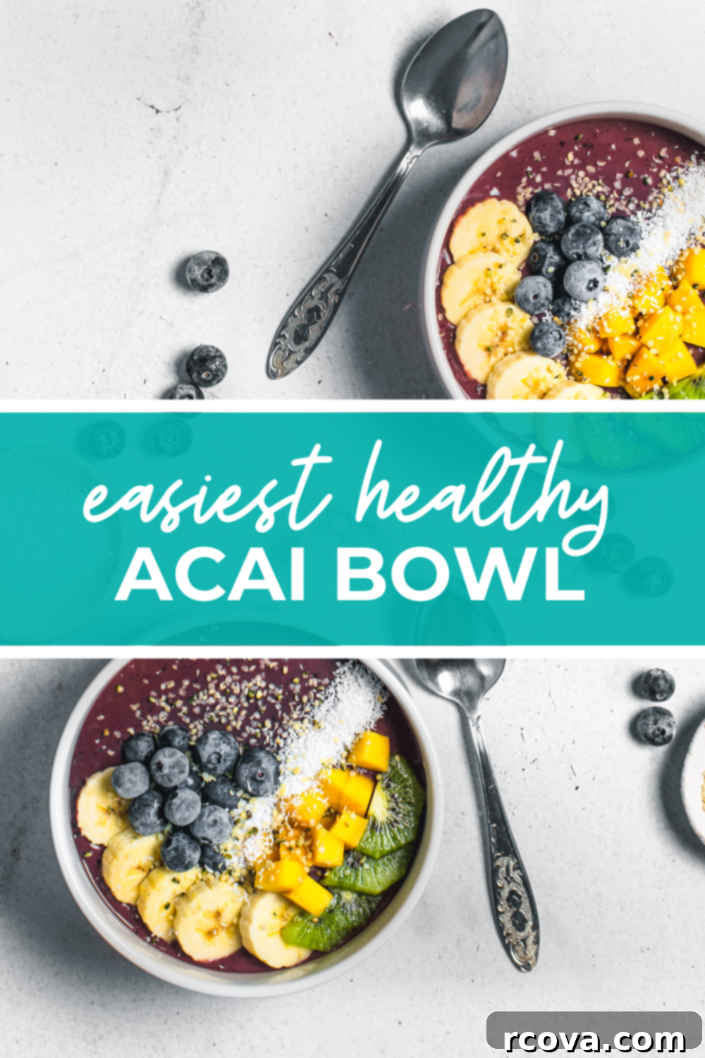 Your Ultimate Guide to Perfect Acai Bowls 11 overhead shot of plated dish with green banner in the middle - reading "easiest healthy acai bowl"
