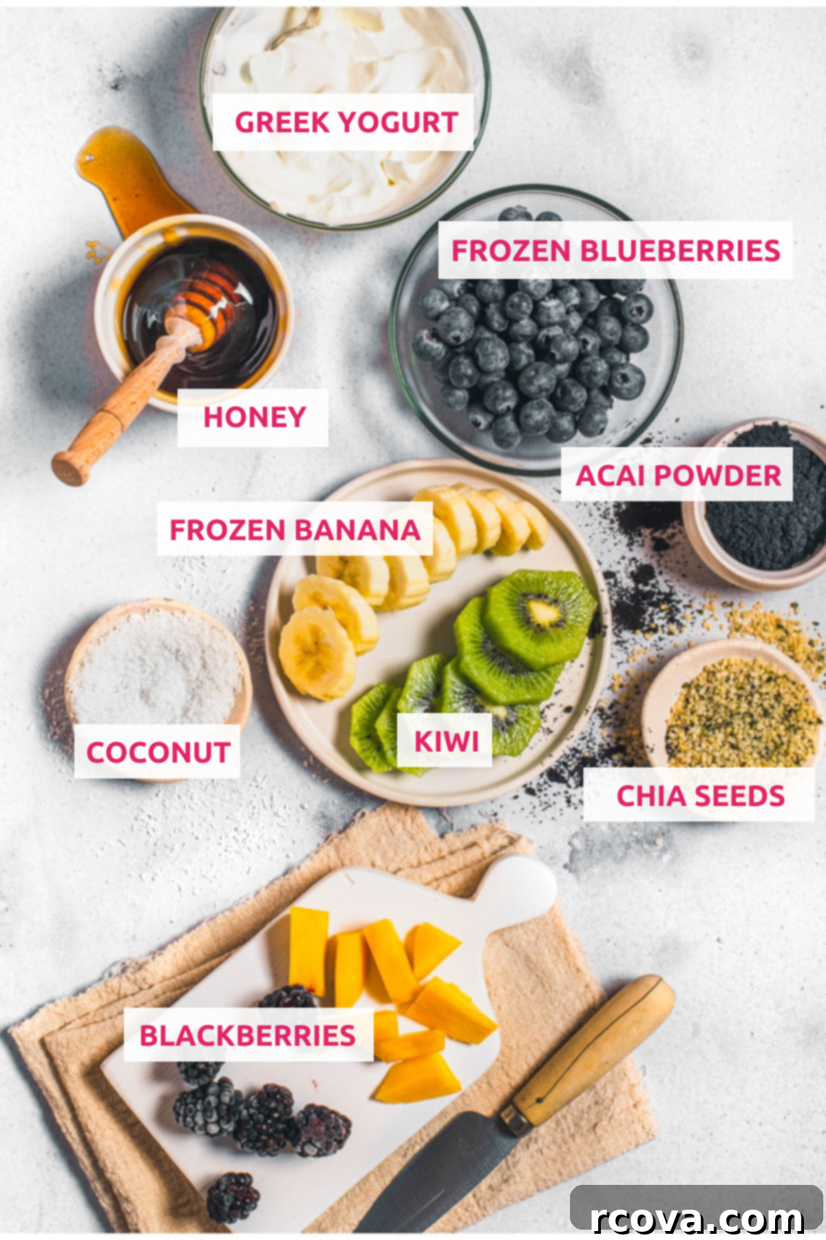 Your Ultimate Guide to Perfect Acai Bowls 4 Overhead shot of the ingredients with labels best acai bowl recipe - various acai bowl ingredients laid out with labels