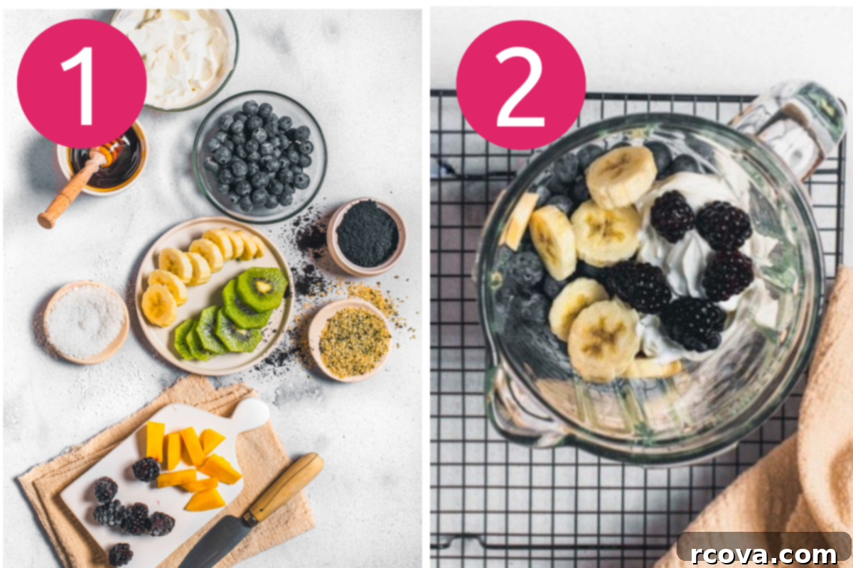 Your Ultimate Guide to Perfect Acai Bowls 5 overhead shot of first 2 steps of making the best acai bowl - frozen fruits and acai powder in a blender