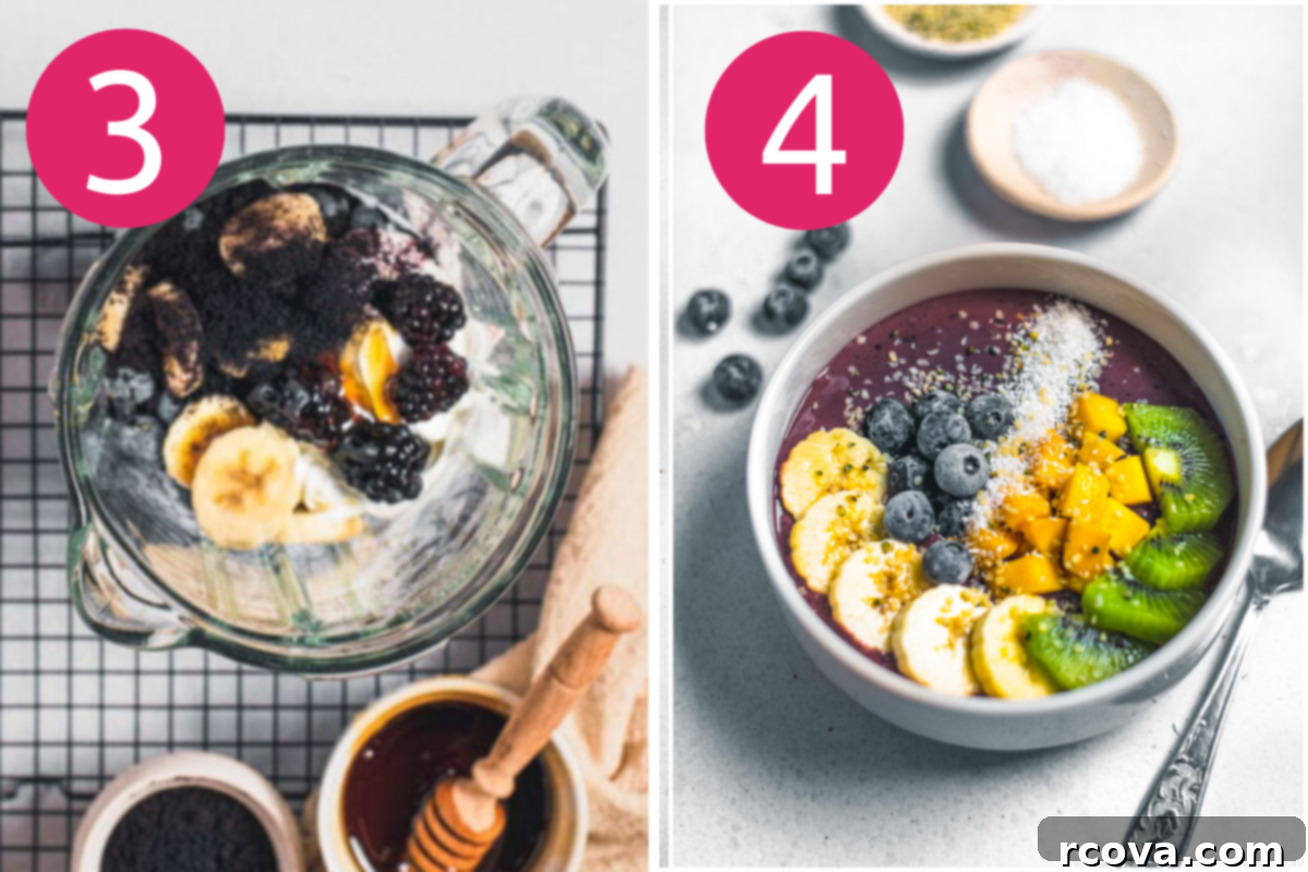 Your Ultimate Guide to Perfect Acai Bowls 6 overhead shot of second 2 steps of making the best acai bowl - acai bowl being drizzled with honey