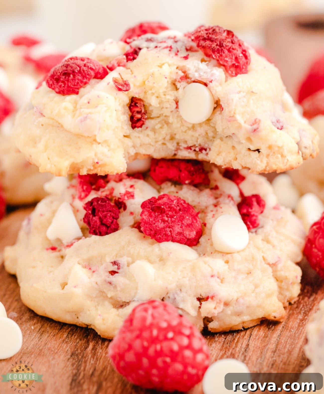 Cheesecake-Filled Raspberry Cookies 3 A delicious raspberry cheesecake cookie with a bite taken out, revealing its soft interior and white chocolate chunks.