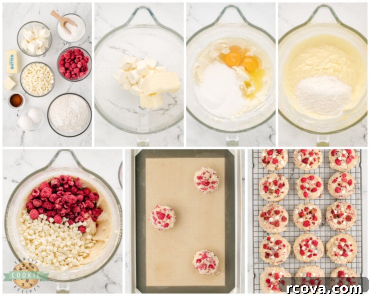 Cheesecake-Filled Raspberry Cookies 4 Overhead shot of ingredients being combined in a bowl, demonstrating how to make raspberry cheesecake cookies.