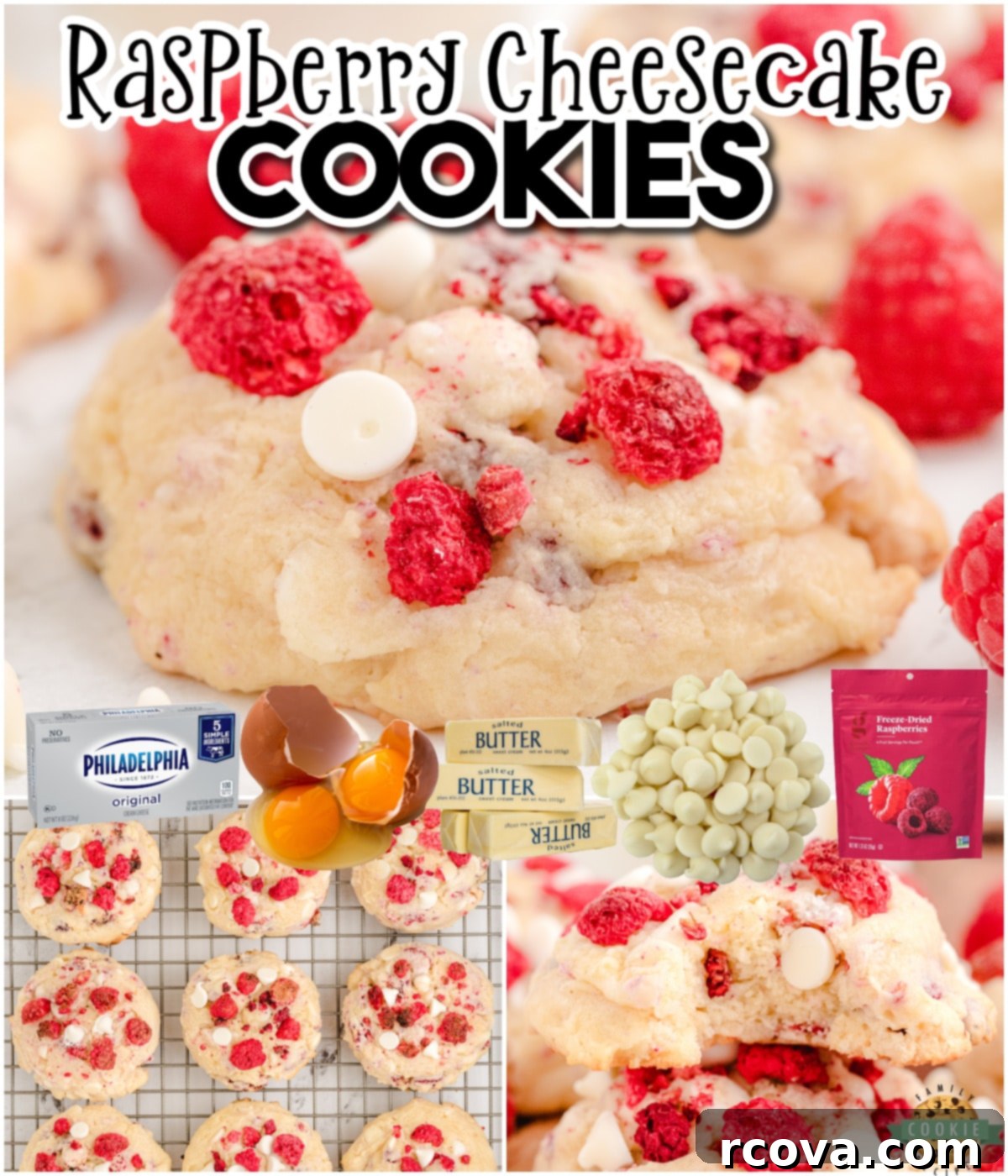 Cheesecake-Filled Raspberry Cookies 7 A vibrant collage showing various stages and close-ups of Raspberry Cheesecake Cookies, highlighting their buttery texture, cream cheese base, and delicious raspberry and white chocolate inclusions.
