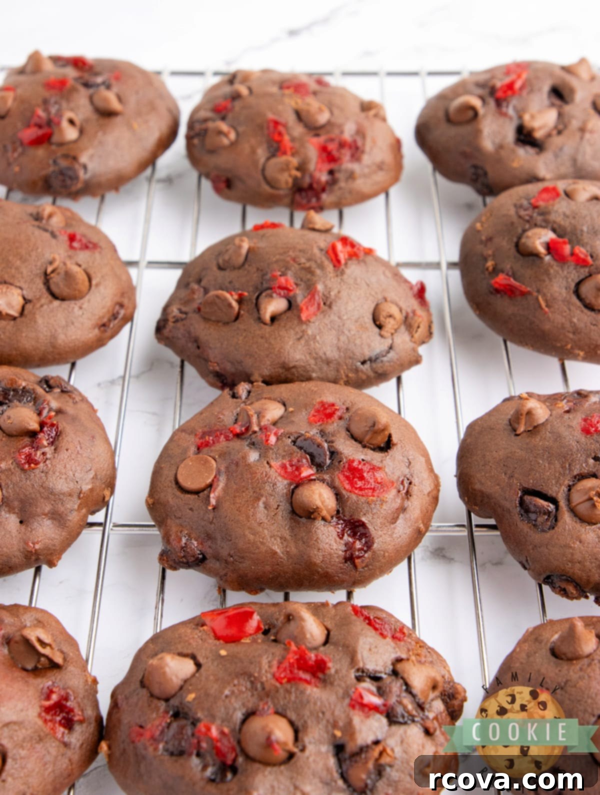 Double Chocolate Banana Split Dream Cookies 11 Freshly baked Double Chocolate Banana Split Cookies cooling on a wire rack.