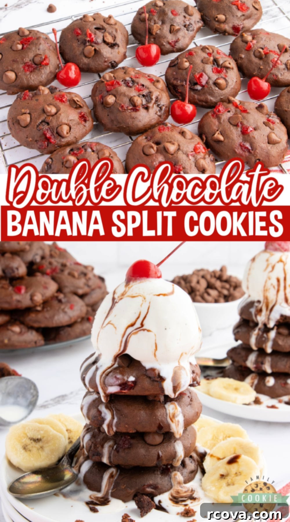 Double Chocolate Banana Split Dream Cookies 16 A plate of Double Chocolate Banana Split Cookies, some whole and some with bites taken out, arranged invitingly.