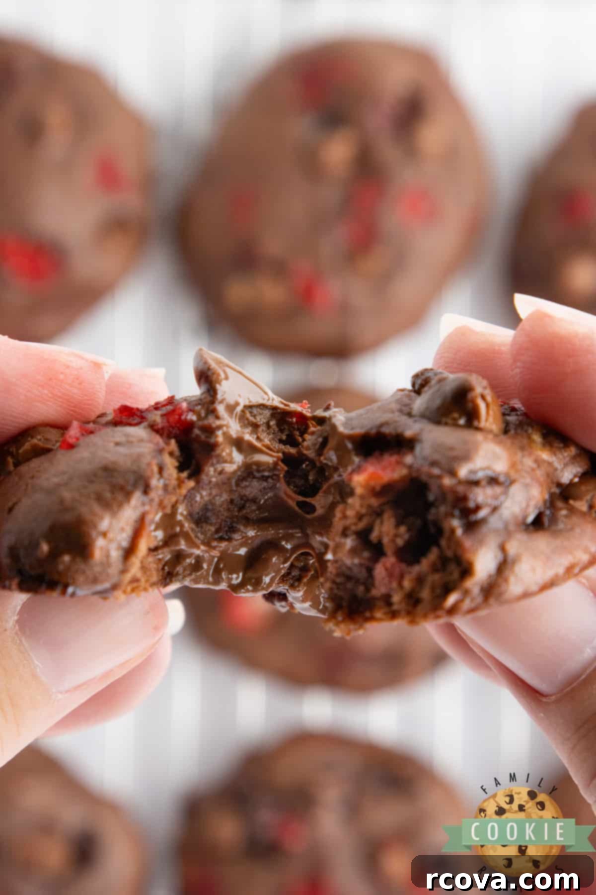 Double Chocolate Banana Split Dream Cookies 5 Cross-section of a Double Chocolate Banana Split Cookie, showing the soft interior with visible banana, cherries, and melted chocolate.