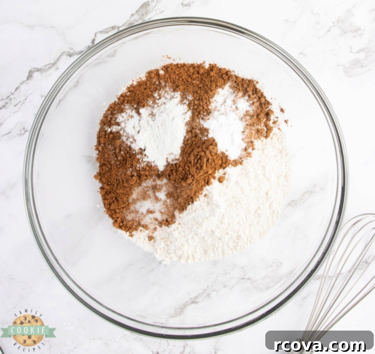 Double Chocolate Banana Split Dream Cookies 6 Dry ingredients for chocolate cookies, including flour, cocoa powder, baking soda, baking powder, and salt, in a mixing bowl.