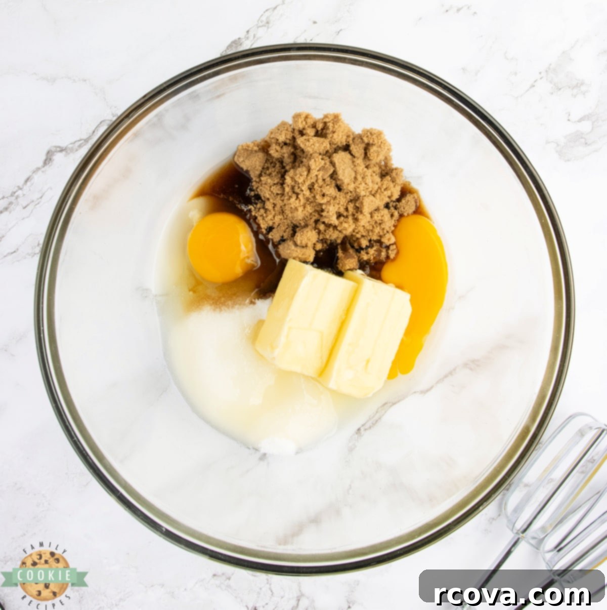 Double Chocolate Banana Split Dream Cookies 7 Creaming butter, granulated sugar, brown sugar, and eggs together in a bowl with a hand mixer.