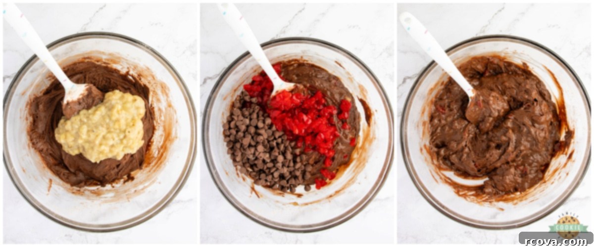 Double Chocolate Banana Split Dream Cookies 9 Folding mashed bananas, chopped maraschino cherries, and chocolate chips into the prepared chocolate cookie dough.