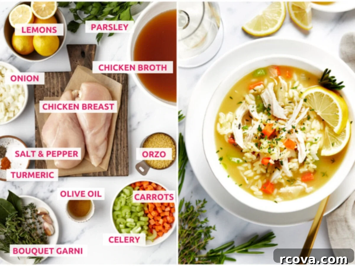Easy One Pot Lemon Chicken Orzo Soup 4 Ingredients for lemon chicken orzo soup: chicken breasts, chicken broth, parsley, lemon, onion, orzo, salt, pepper, turmeric, bouquet garni, olive oil, celery and carrots.