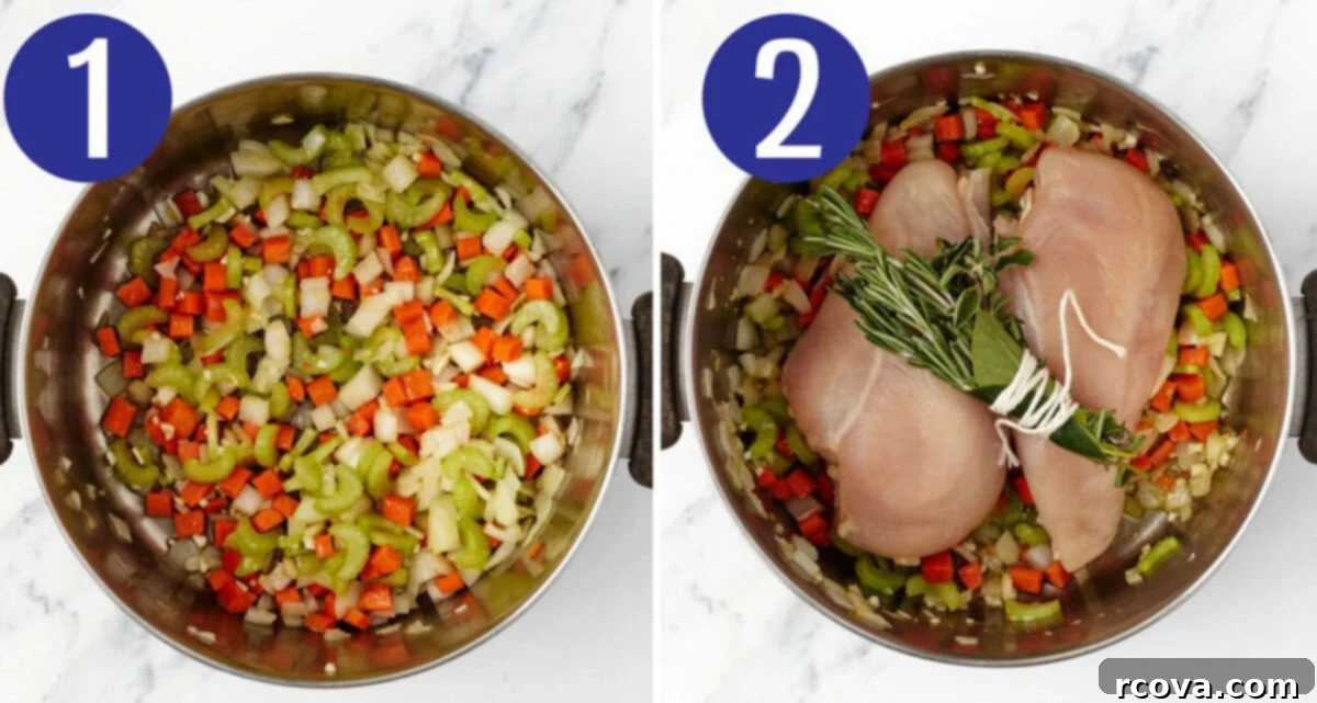 Easy One Pot Lemon Chicken Orzo Soup 5 Steps 1 and 2 for making lemon chicken orzo soup: Saute veggies then add remaining ingredients.