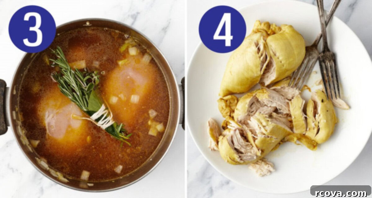 Easy One Pot Lemon Chicken Orzo Soup 6 Steps 3 and 4 for making lemon chicken orzo soup: Cook soup and shred chicken.