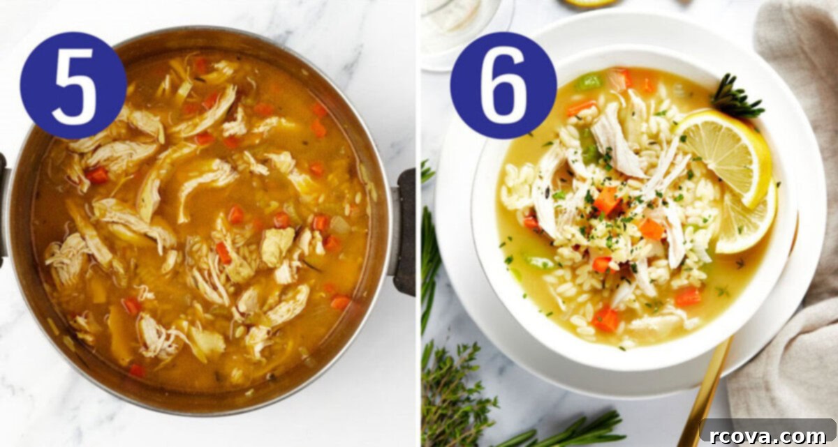 Easy One Pot Lemon Chicken Orzo Soup 7 Steps 5 and 6 for making lemon chicken orzo soup: Stir in lemon juice and serve and enjoy.