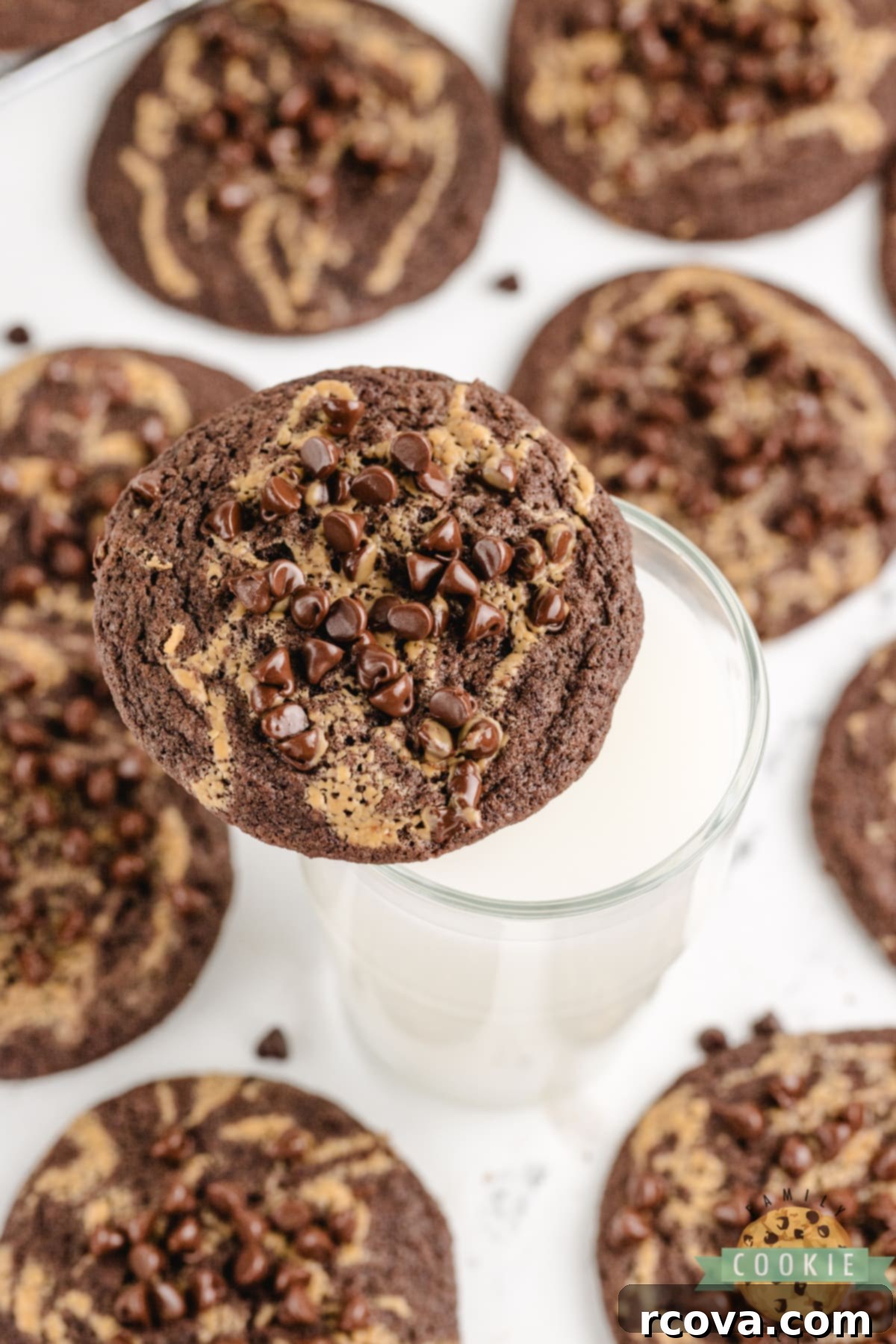 Irresistible Chocolate Peanut Butter Swirl Cookies 14 A tempting stack of Chocolate Peanut Butter Swirl Cookies, highlighting their rich chocolate color, distinct peanut butter swirls, and chewy texture.