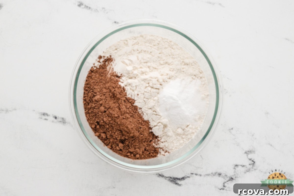 Irresistible Chocolate Peanut Butter Swirl Cookies 7 Step 3: Whisking together dry ingredients including flour, cocoa powder, baking soda, and salt in a separate bowl.