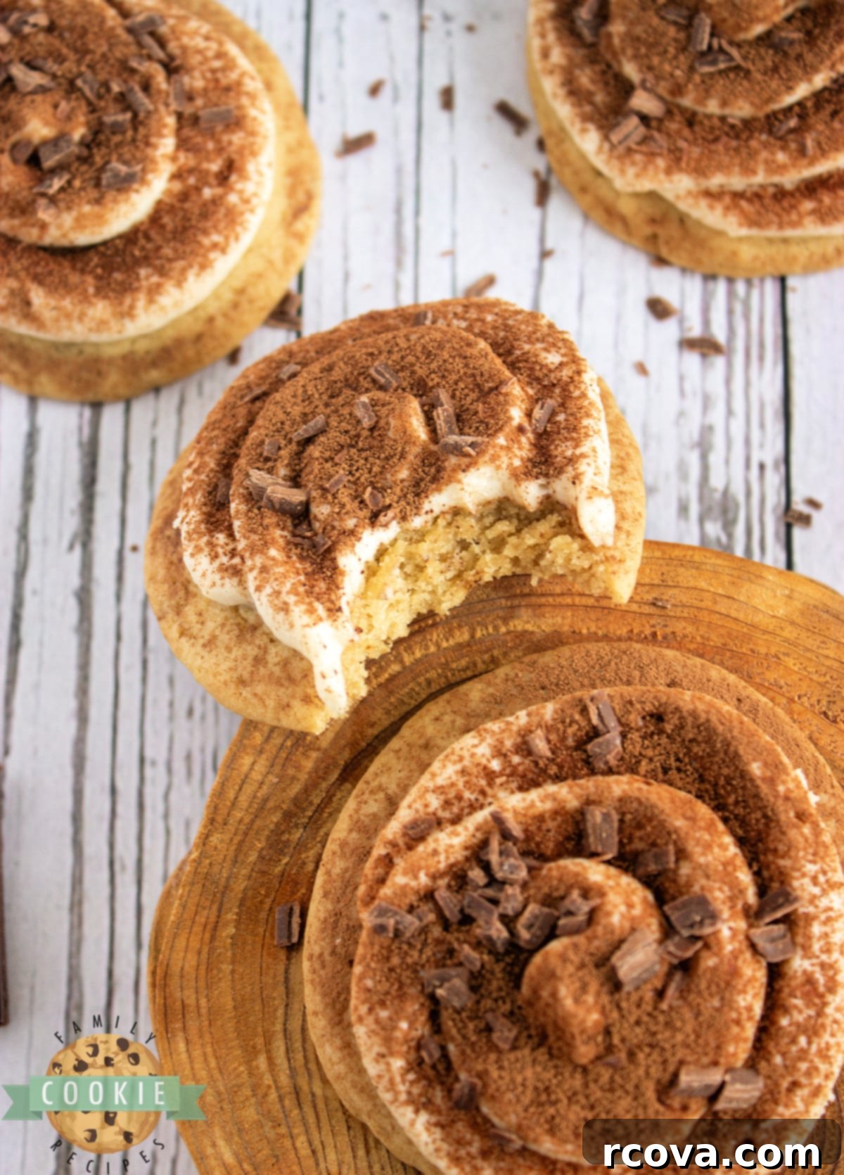 Pillowy Tiramisu Delights 5 Thick and soft tiramisu cookies on a wire rack.