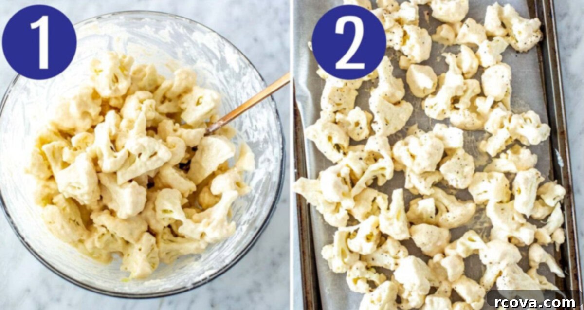 Zesty Buffalo Cauliflower Tacos 5 Steps 1 and 2 for making buffalo cauliflower tacos: Coat cauliflower and bake it.