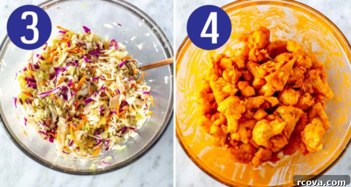 Zesty Buffalo Cauliflower Tacos 6 Steps 3 and 4 for making buffalo cauliflower tacos: Make coleslaw and toss cauliflower in buffalo sauce.
