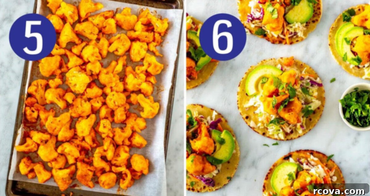 Zesty Buffalo Cauliflower Tacos 7 Steps 5 and 6 for making buffalo cauliflower tacos: Bake buffalo cauliflower then assemble tacos.