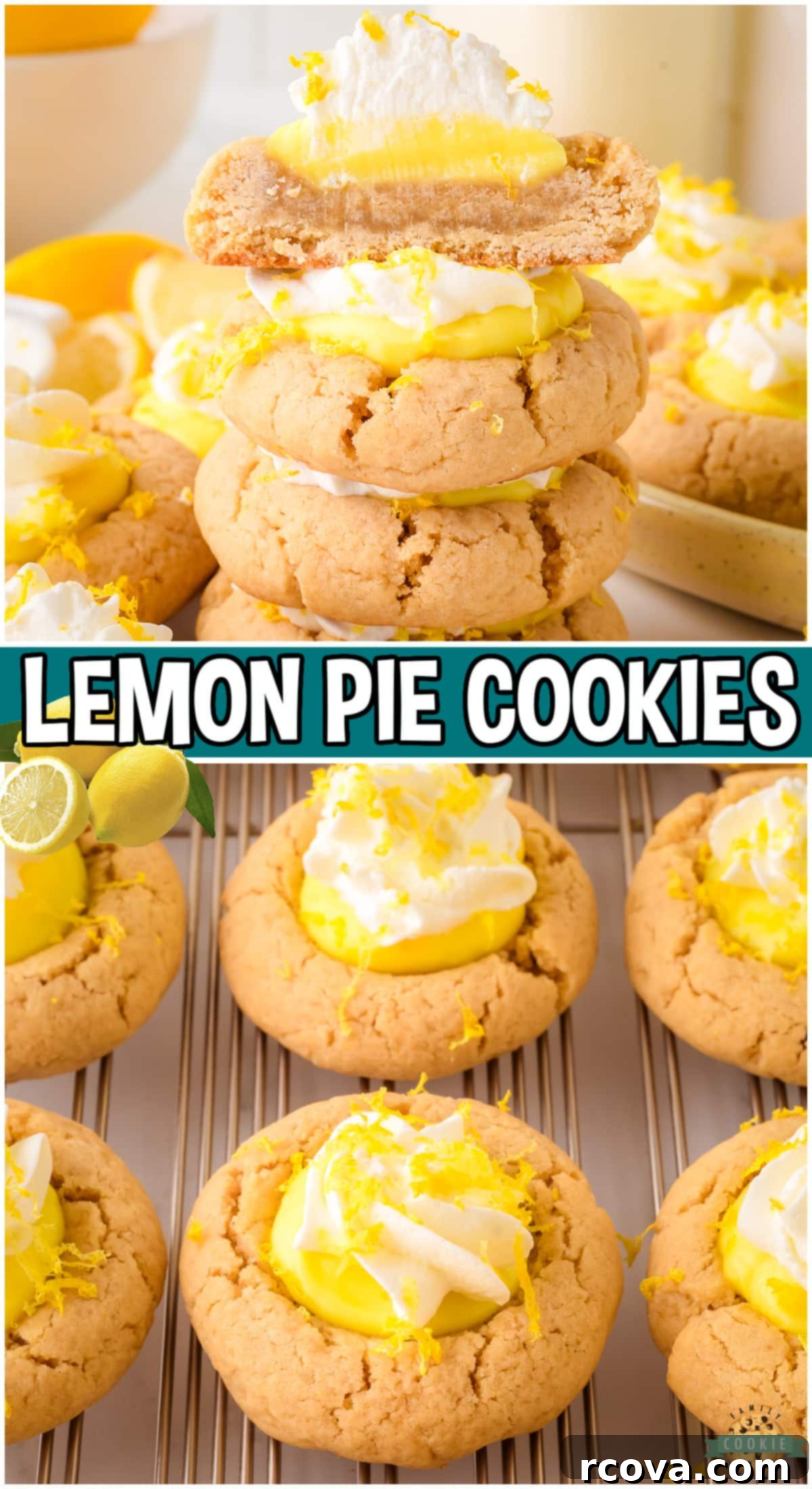 Sunshine Lemon Pie Cookies 8 Delightful Lemon Pie Cookies recipe pin image, showcasing the beautifully topped cookies