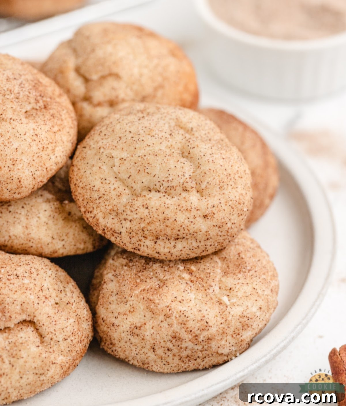 Creamy Snickerdoodle Delights 2 A close-up shot of several freshly baked, soft, thick, and chewy Cream Cheese Snickerdoodle Cookies on a white plate, coated in cinnamon sugar.