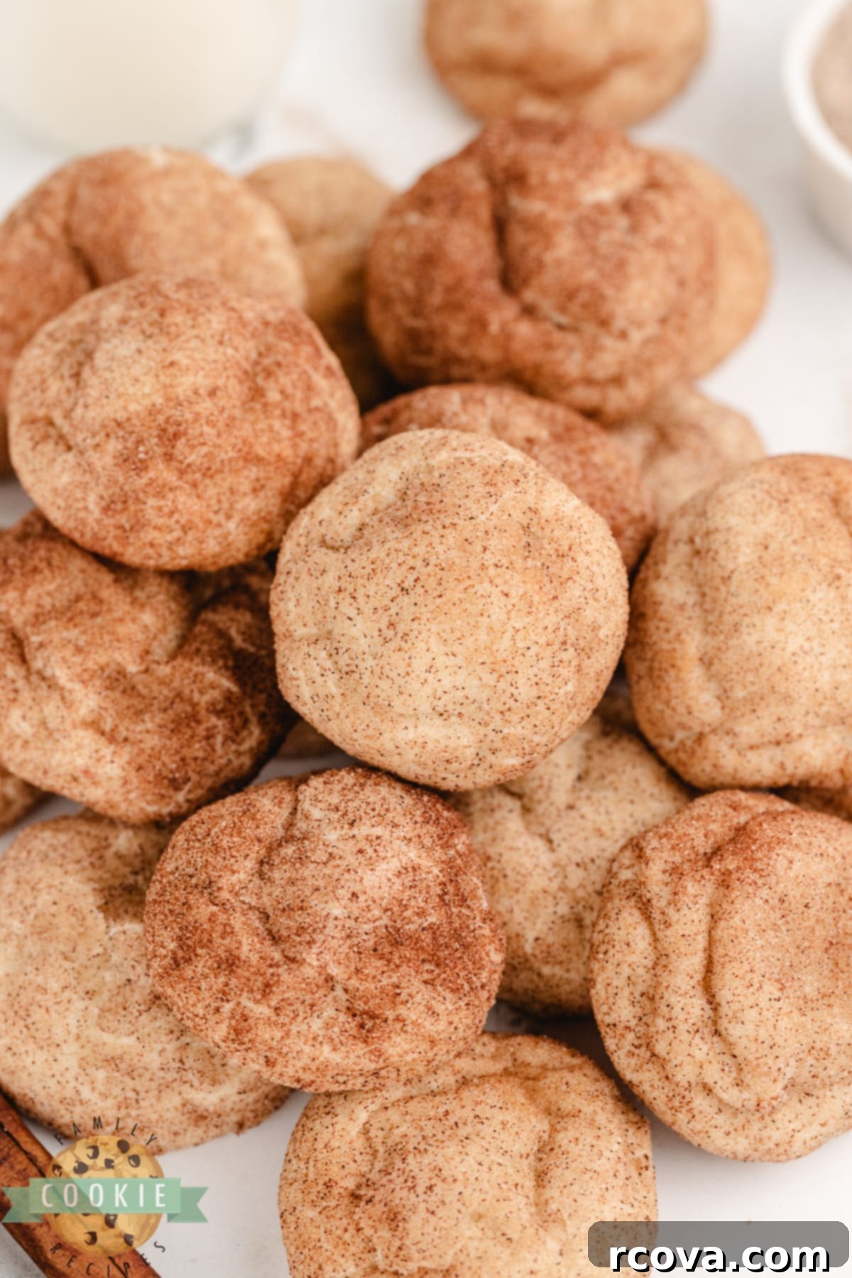 Creamy Snickerdoodle Delights 11 Overhead shot of Cream Cheese Snickerdoodle Cookies scattered on a rustic wooden surface, emphasizing their soft, thick, and chewy nature.