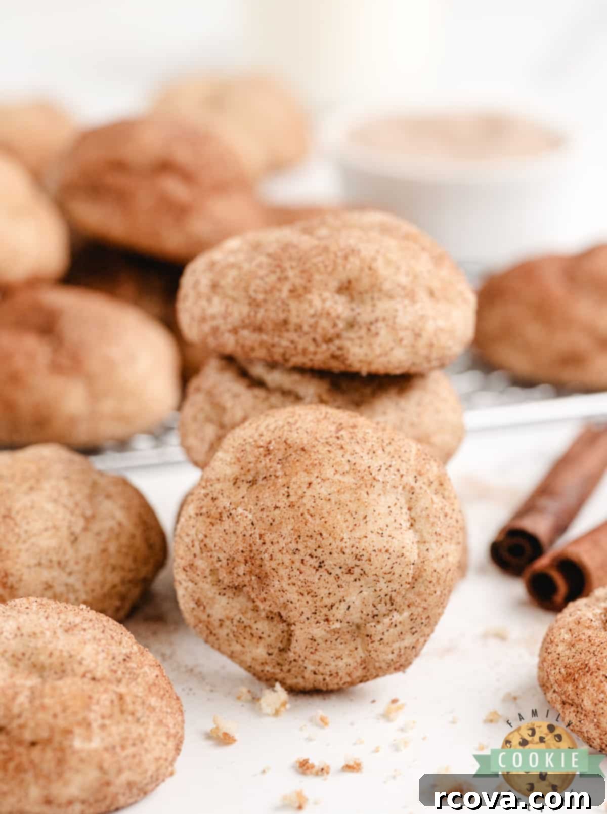 Creamy Snickerdoodle Delights 8 A close-up of a plate filled with thick and soft cinnamon sugar cookies, emphasizing their delightful texture.