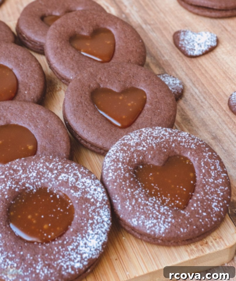 Irresistible Chocolate Caramel Linzer Cookies 5 Close-up of baked Chocolate Caramel Linzer Cookies