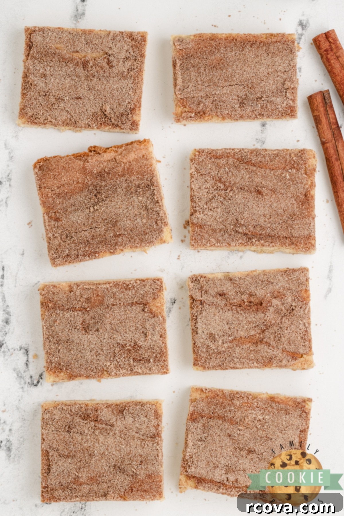 Irresistible Snickerdoodle Cookie Bars 8 Cookie bars with cinnamon and sugar on top.