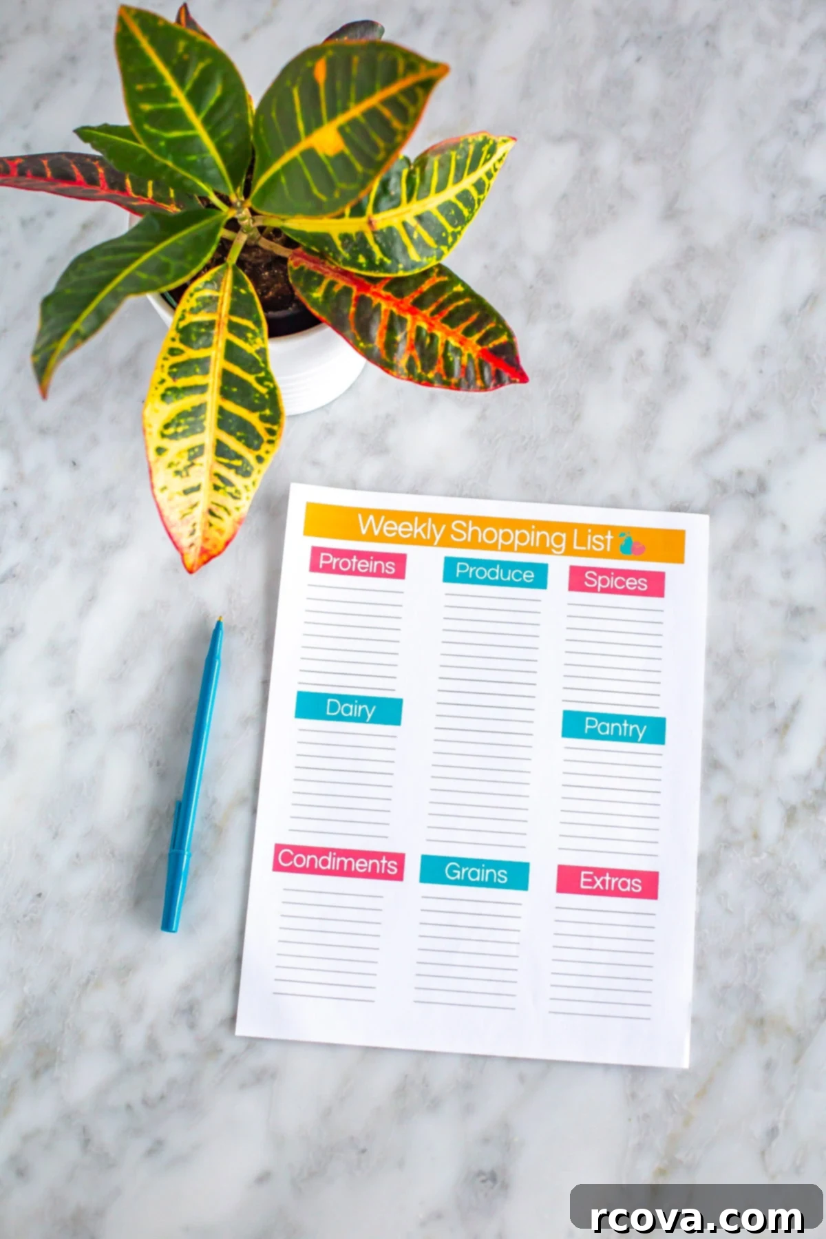 Quick Grocery Lists Made Simple 2 A grocery list printable displayed on a table alongside a pen and plant.