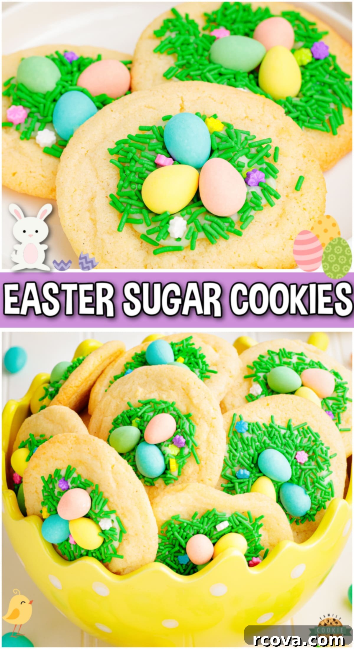 Sweet & Simple Easter Sugar Cookies 7 Easy Easter Sugar cookies topped with candy nest and eggs on a wire rack