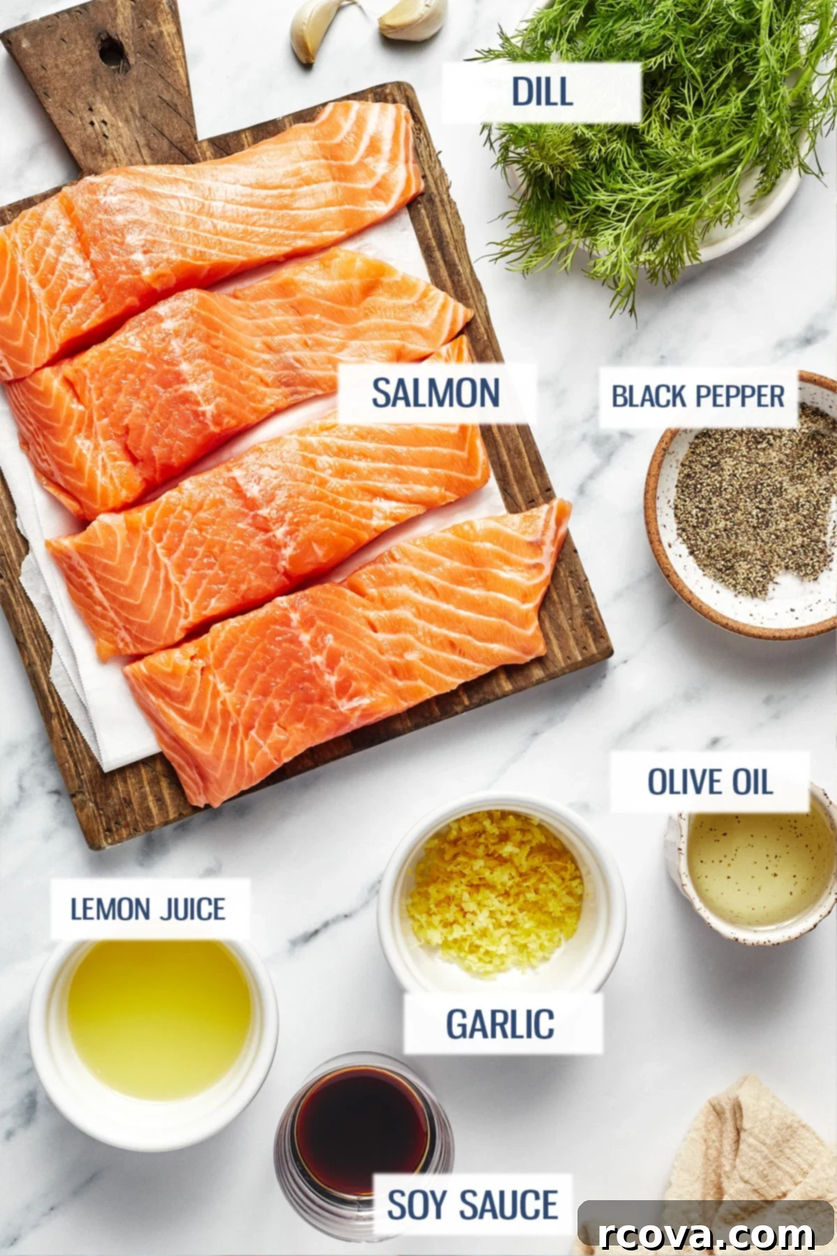 30-Minute Air Fryer Salmon 4 Various ingredients for air fryer lemon garlic salmon recipe: raw salmon fillets, fresh dill, black pepper, lemon juice, whole garlic cloves, olive oil, and soy sauce arranged on a rustic surface.