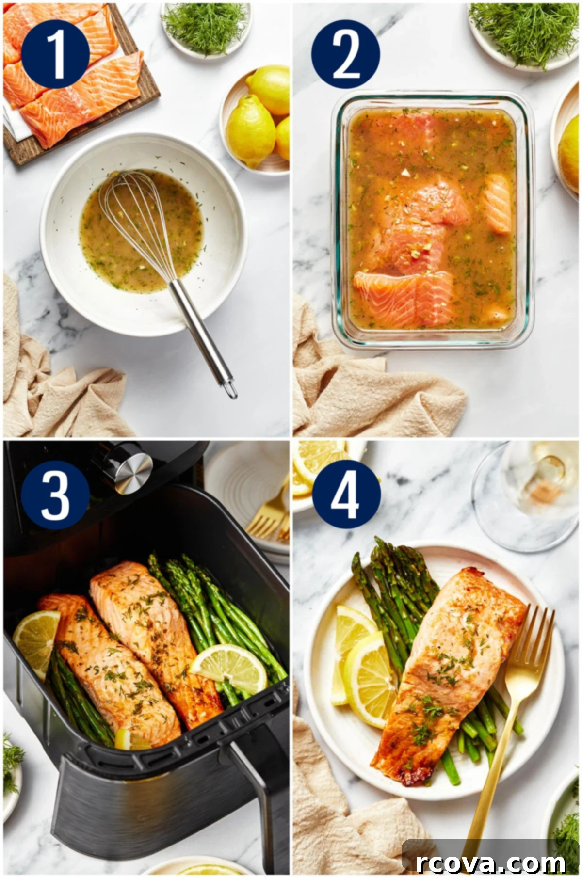 30-Minute Air Fryer Salmon 5 A four-panel collage showing the step-by-step process of making air fryer salmon: mixing the marinade, marinating salmon in a glass container, salmon cooking in the air fryer basket, and the finished dish served with fresh lemon and dill.
