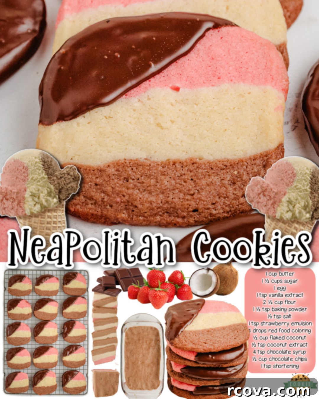 Marbled Chocolate Neapolitan Cookies 7 Chocolate Dipped Neapolitan Cookies are buttery cookies with chocolate, strawberry & coconut flavors, baked & dipped in chocolate! Tasty, beautiful cookies reminiscent of Neapolitan ice cream!