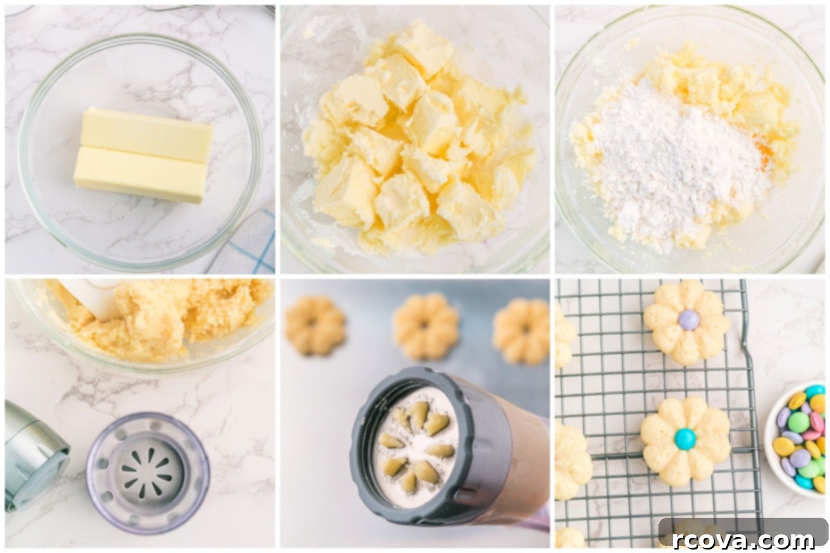 Buttery Spring Spritz Delights 5 A step-by-step visual guide showing how to make Spring Spritz Cookies, from dough preparation to baking.