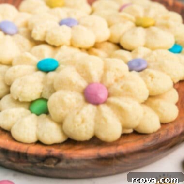 Buttery Spring Spritz Delights 7 Delicate Spring Spritz Cookies with colorful M&M centers, a perfect treat for springtime celebrations.