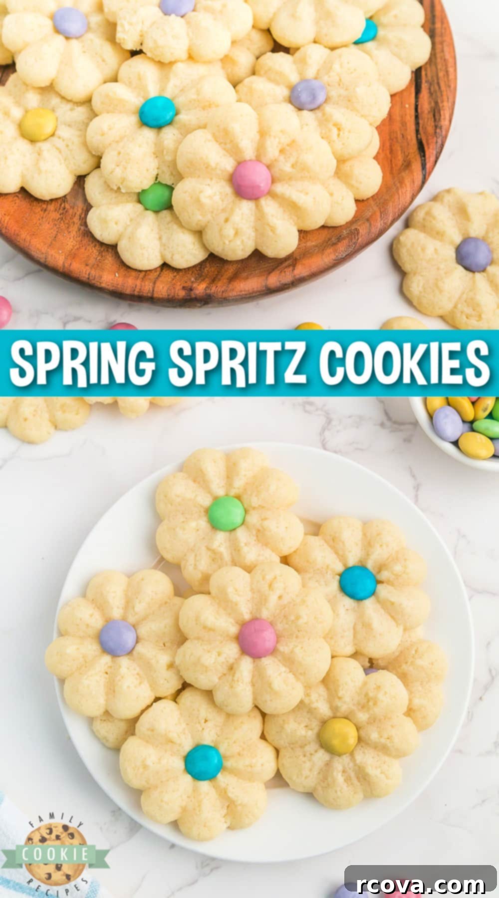 Buttery Spring Spritz Delights 9 An inviting overhead shot of various Spring Spritz Cookies with pastel M&M centers, artfully arranged.