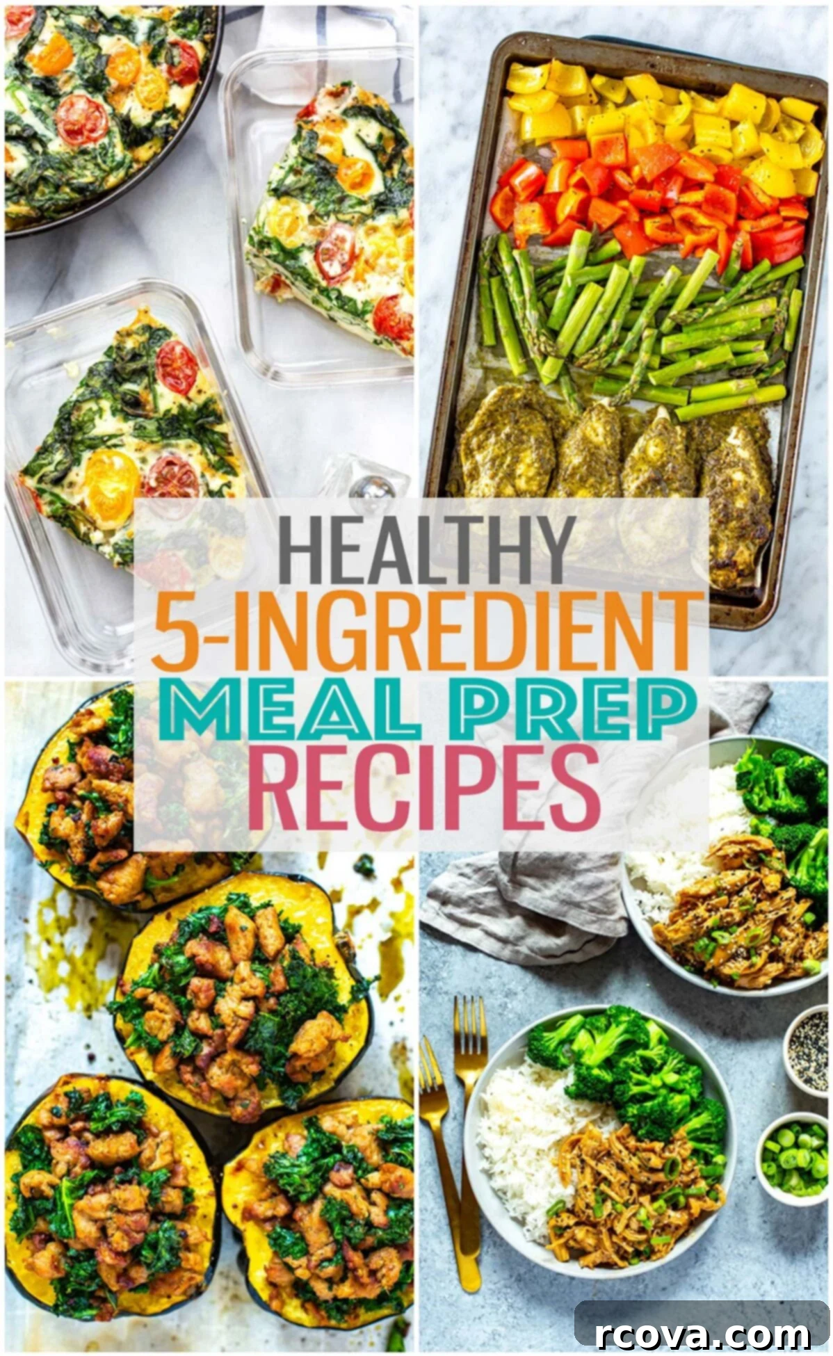 Healthy 5-Ingredient Meals for Breakfast Lunch and Dinner 2 A vibrant collage showcasing diverse 5-ingredient healthy meals: a fluffy egg white frittata, savory pesto chicken, hearty stuffed squash, and classic teriyaki chicken. The overlay text proudly announces "Healthy 5-Ingredient Meal Prep Recipes".