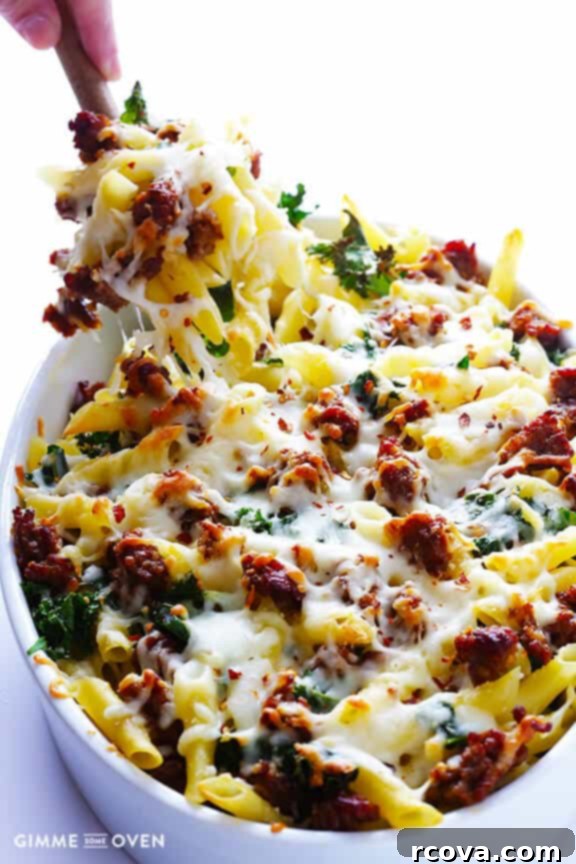 Healthy 5-Ingredient Meals for Breakfast Lunch and Dinner 25 A bubbling casserole dish of 5-Ingredient Italian Sausage and Kale Baked Ziti, topped with golden cheese, promising a comforting and hearty meal.