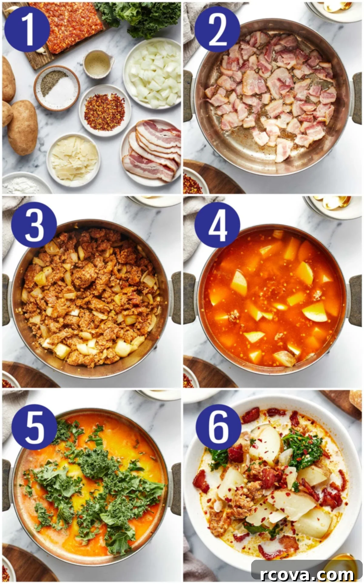 One Pot Restaurant-Style Zuppa Toscana 5 A visual step-by-step guide for making Zuppa Toscana: a collage showing initial ingredients, browning bacon, browning Italian sausage, adding chicken stock and potatoes to the pot, incorporating cream, cornstarch, and kale, and finally, the finished creamy soup in a bowl.