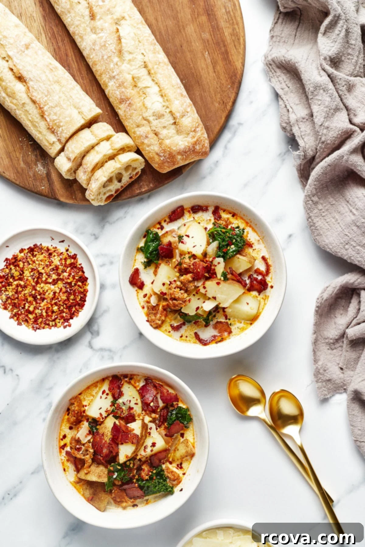 One Pot Restaurant-Style Zuppa Toscana 6 An inviting overhead view of two steaming bowls of Zuppa Toscana, perfectly paired with two slices of fresh baguette and a small dish of red chili flakes for customization, presented on a rustic wooden surface.