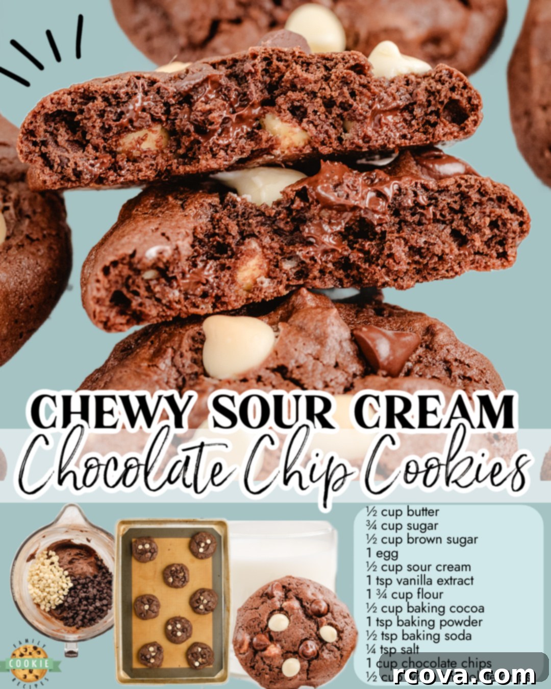 Ultra-Moist Sour Cream Chocolate Chip Cookies 7 Sour Cream Chocolate Chip Cookies made with butter, brown sugar, sour cream, cocoa & chocolate chips for a rich cookie loaded with chocolate!