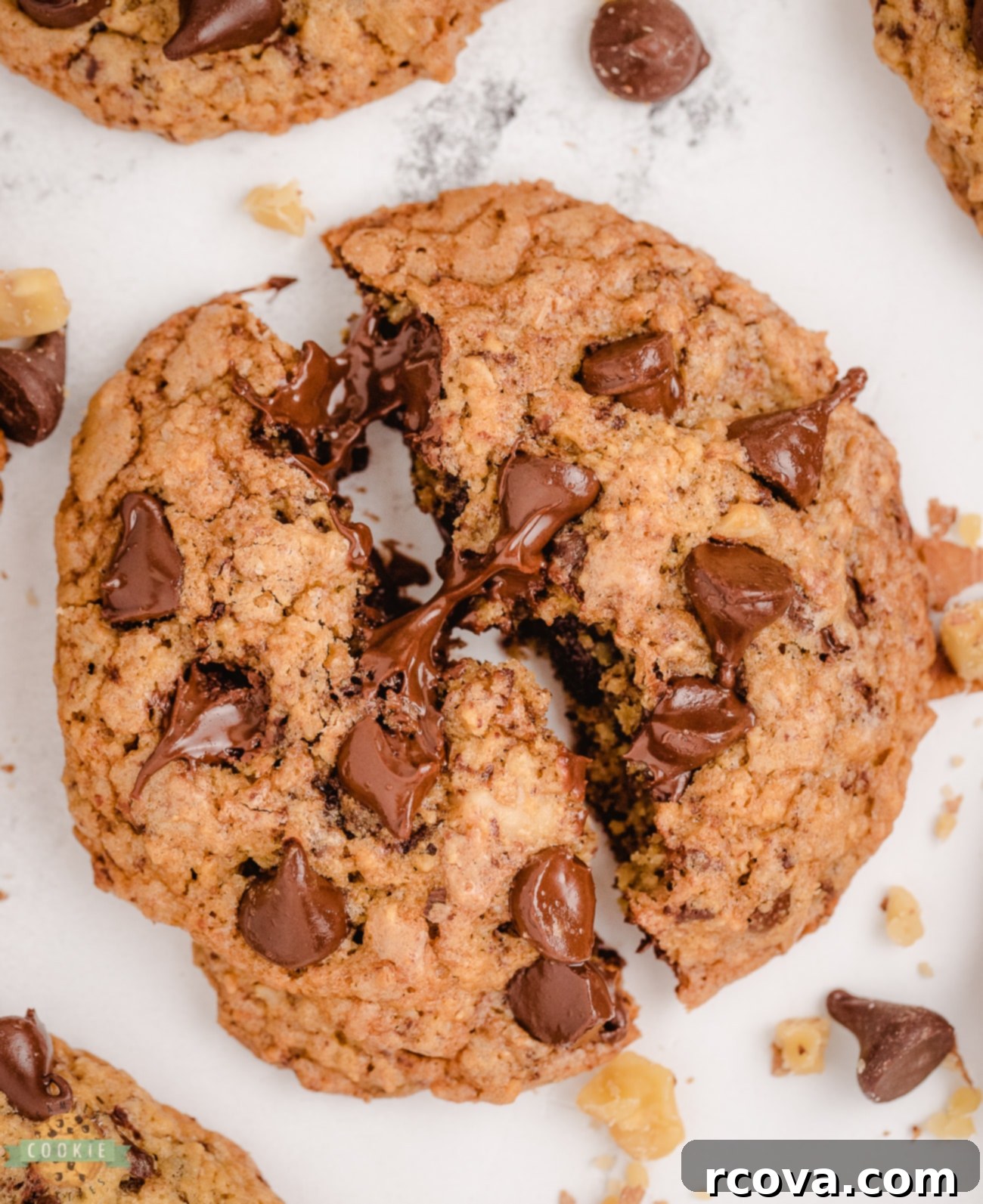 The Ultimate Neiman Marcus Cookie Recipe 2 homemade Neiman Marcus cookies broken in half showing grated chocolate and oats