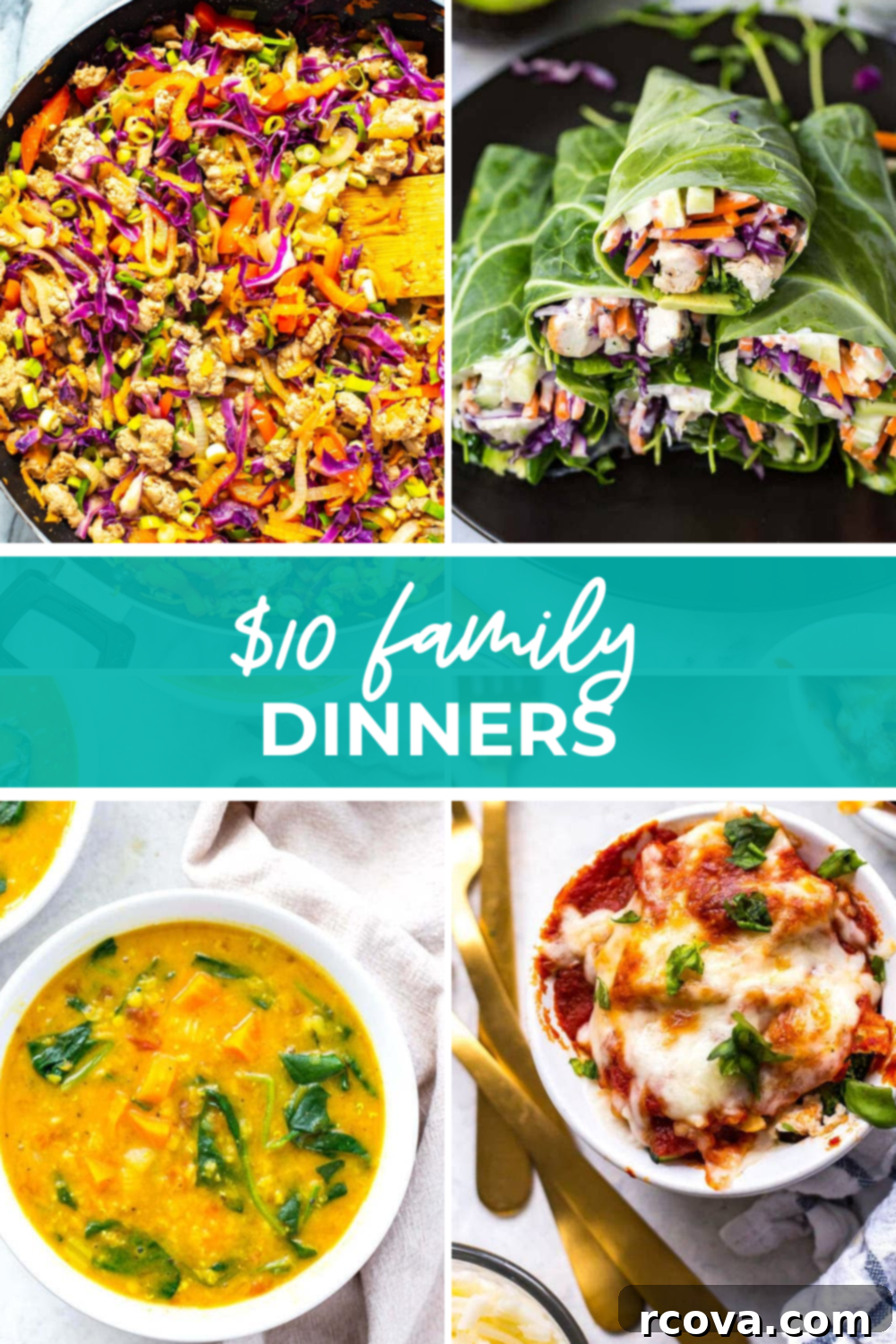 Budget-Friendly Family Meals for Under $10 19 Overhead shot of plated dish with green banner in the middle - reading "$10 family dinners"
