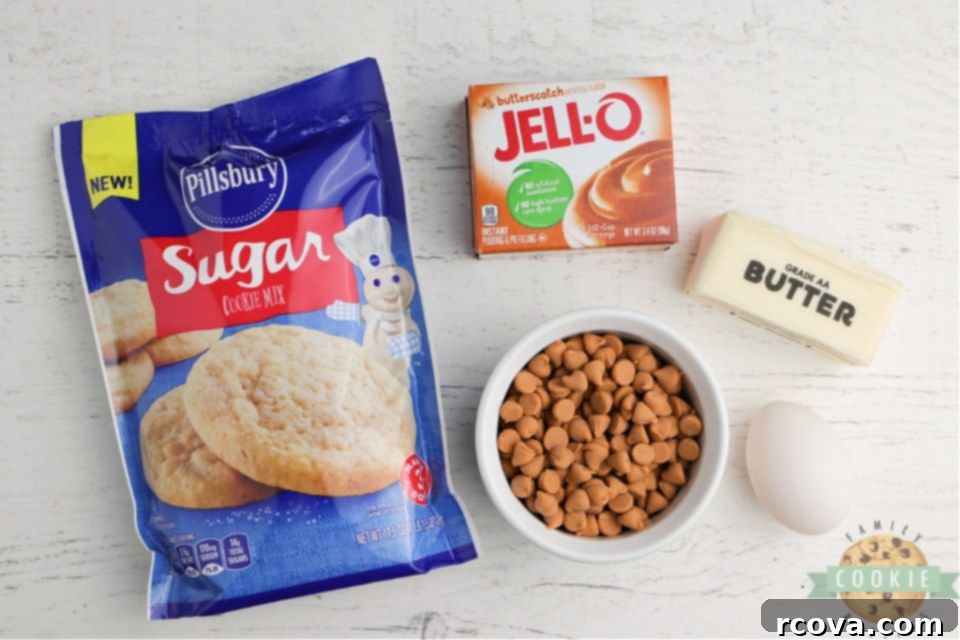 Effortless Butterscotch Delights 3 Ingredients for Easy Butterscotch Cookies laid out on a wooden surface, including a sugar cookie mix, butterscotch pudding mix, butter, an egg, and butterscotch chips.