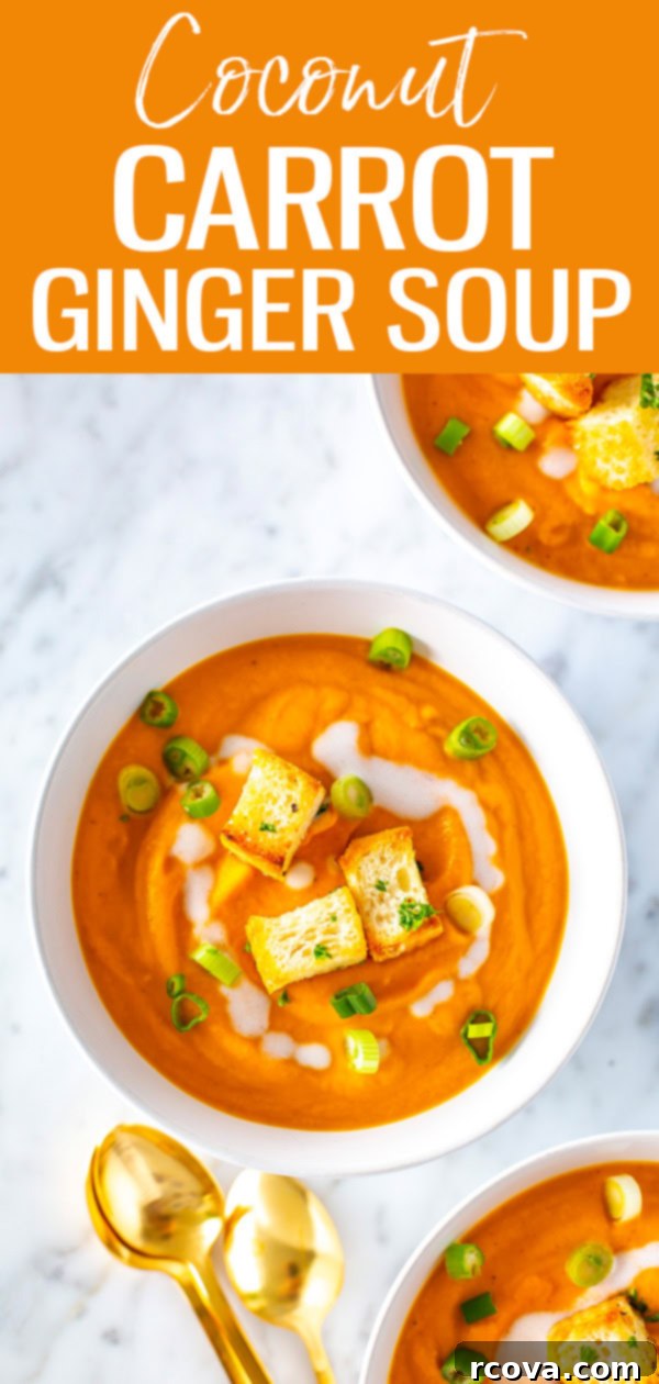 Velvety Vegan Coconut Carrot Ginger Soup 10 This vegan Creamy Coconut Carrot Ginger Soup is so flavourful! You'll love it topped with easy homemade croutons or crispy chickpeas. #carrotgingersoup #vegan