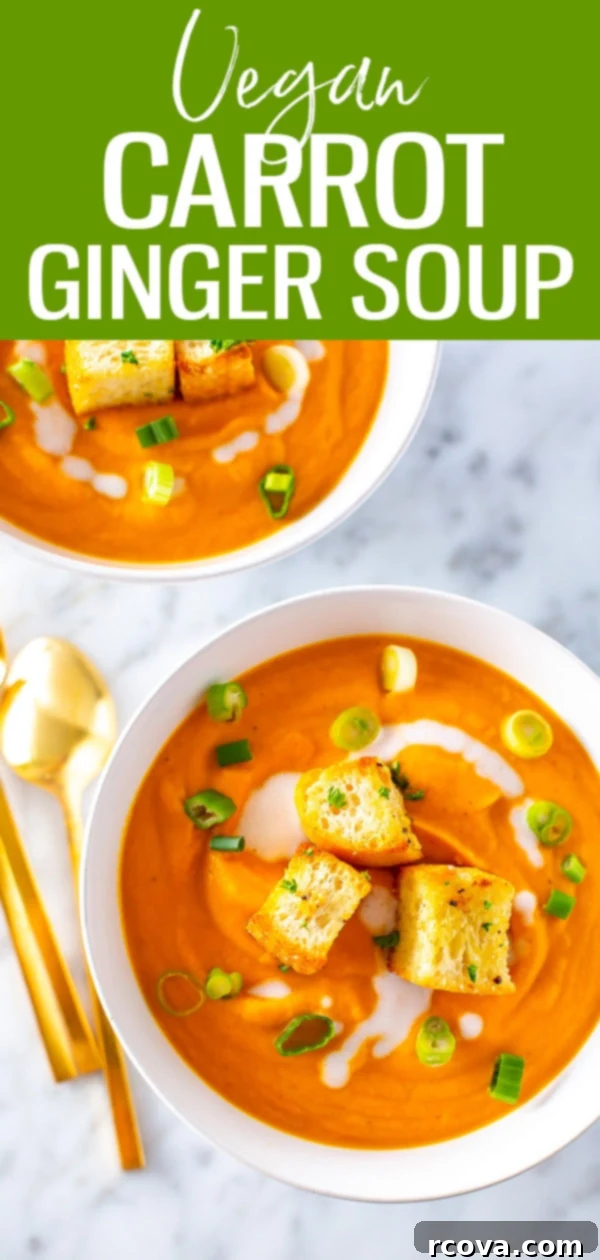 Velvety Vegan Coconut Carrot Ginger Soup 11 This vegan Creamy Coconut Carrot Ginger Soup is so flavourful! You'll love it topped with easy homemade croutons or crispy chickpeas. #carrotgingersoup #vegan
